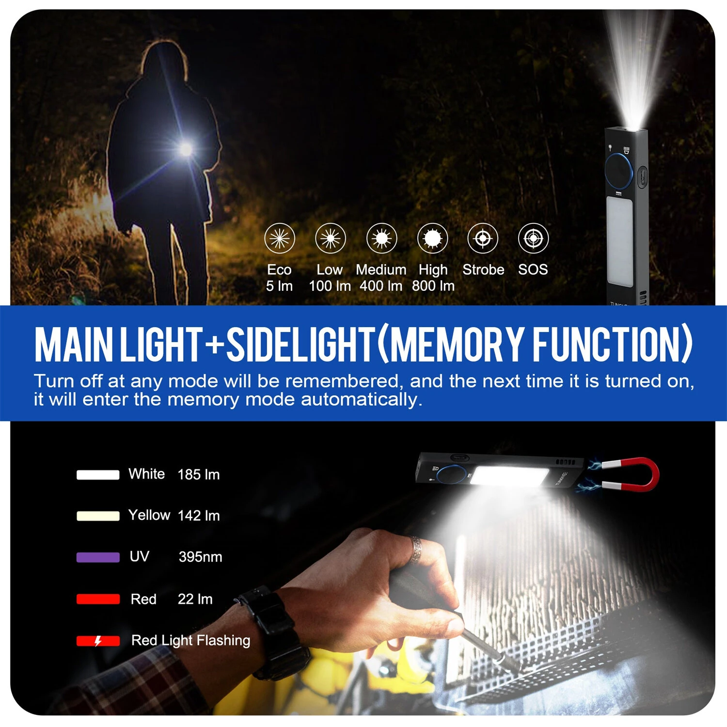 TUNENGE YC8001 800LM Flat LED Flashlight Type-C Rechargeable EDC Torch with Tail Magnet IP67 Waterproof Built-in1000Mah Battery Lantern — view 6