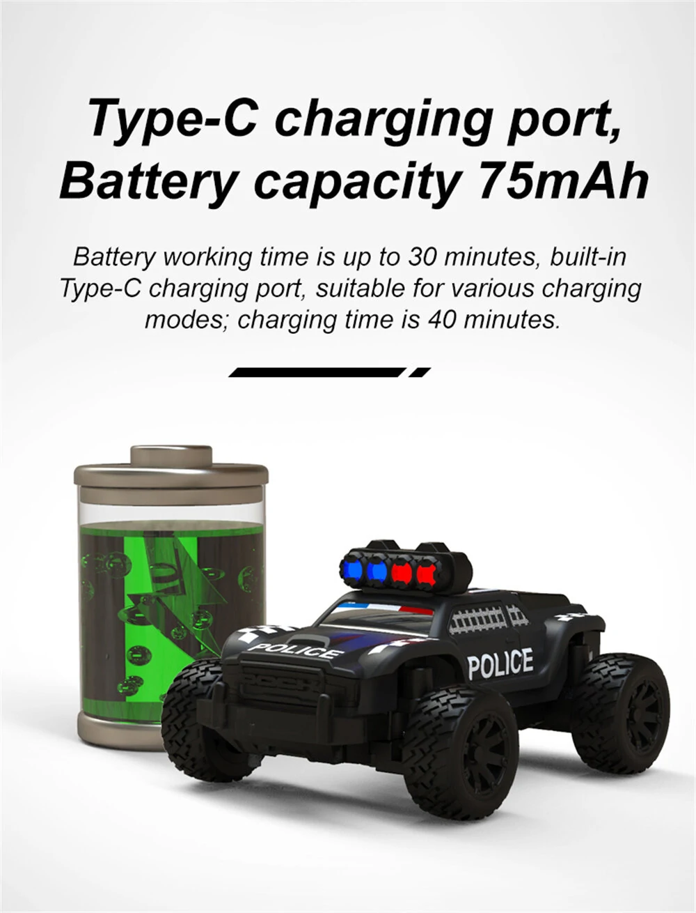 Turbo Racing C82 RTR 1/76 2.4G Mini RC Car Police Off-Road Truck LED Lights Full Proportional Vehicles Model Kids Children Toys — view 7