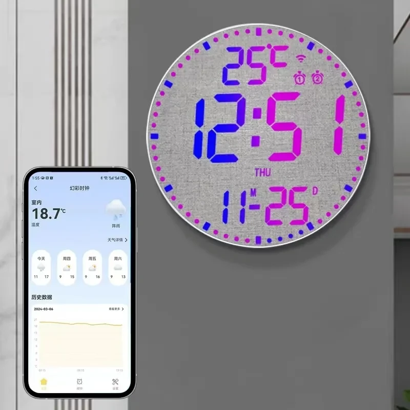Tuya APP Smart Wifi Wall Clock RGB Calendar Clock Living Room Digital Wall Clock App Intelligent Control Colorful LED Wall Calendar Clock Date Temperature Display — view 2