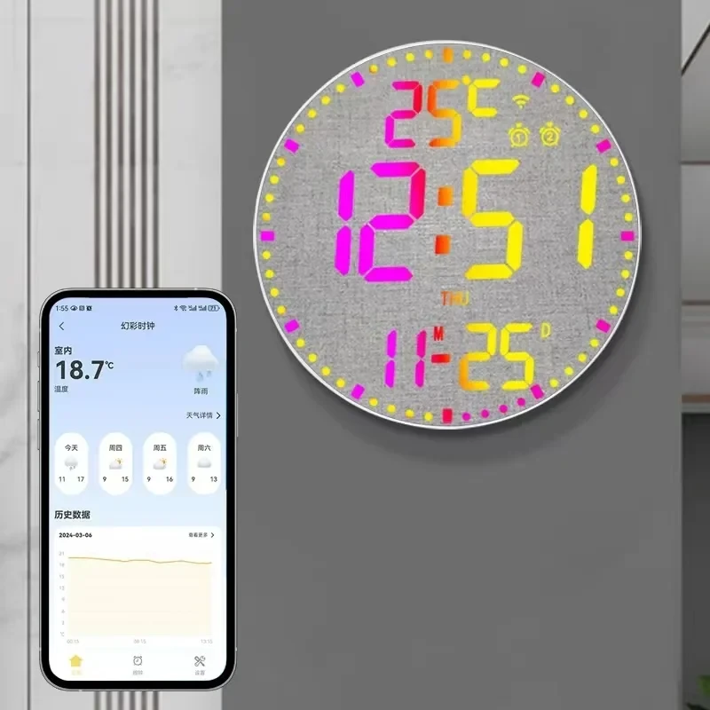 Tuya APP Smart Wifi Wall Clock RGB Calendar Clock Living Room Digital Wall Clock App Intelligent Control Colorful LED Wall Calendar Clock Date Temperature Display — view 3