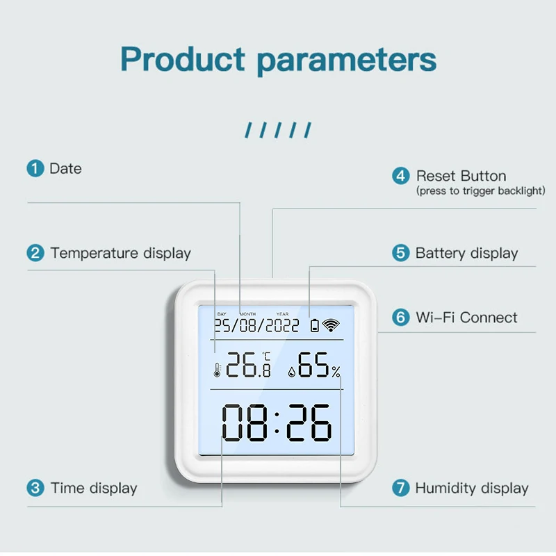 Tuya TH08 Wi-Fi Zigbe Temperature Humidity Sensor Hygrometer Wireless Alexa Google Compatible Backlight Feature Low Battery Reminder Remote Home Monitoring 24H Time Display — view 10