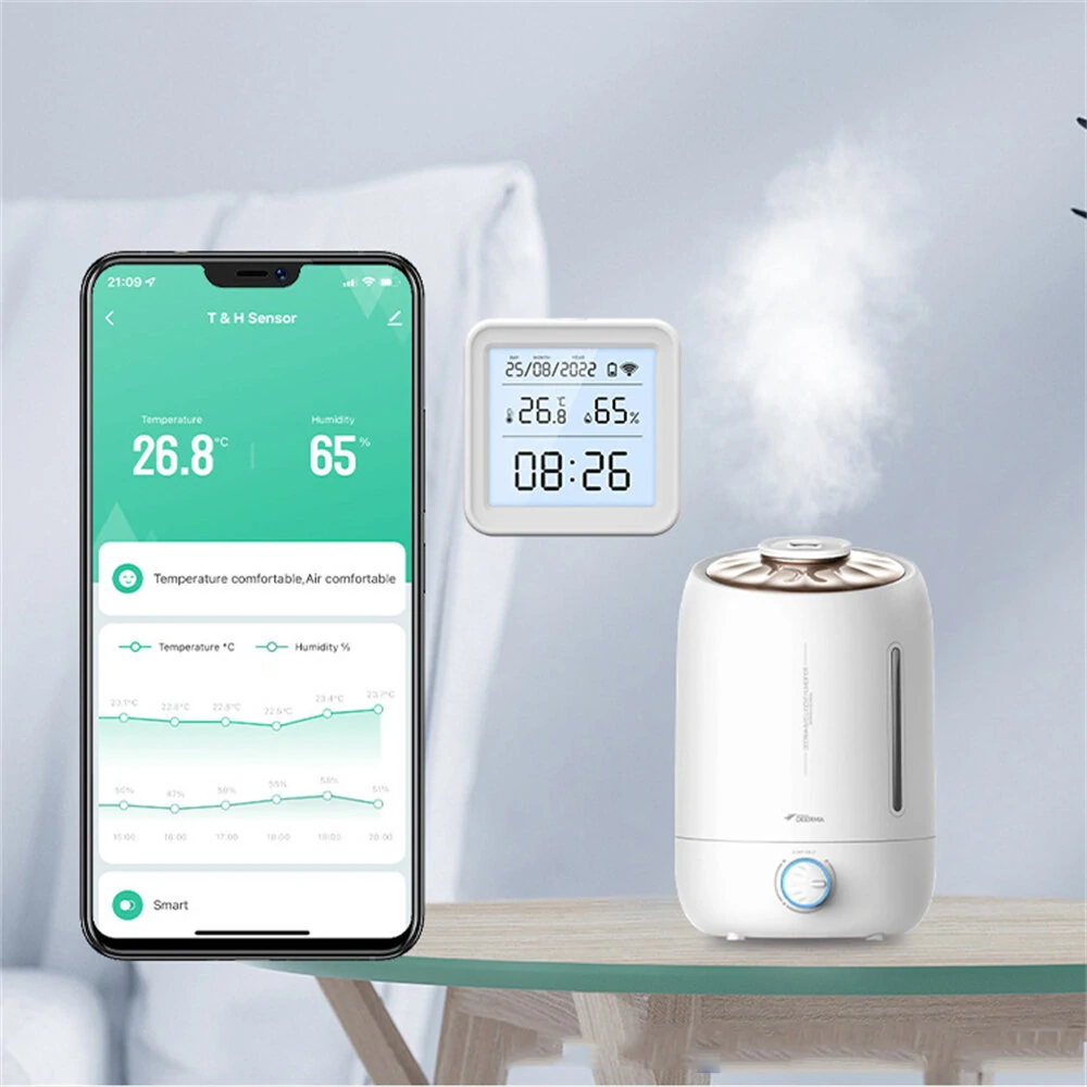 Tuya TH08 Wi-Fi Zigbe Temperature Humidity Sensor Hygrometer Wireless Alexa Google Compatible Backlight Feature Low Battery Reminder Remote Home Monitoring 24H Time Display — view 7