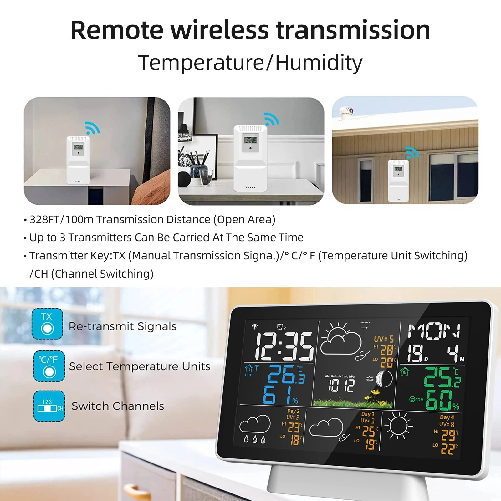 Tuya Wifi Wireless Weather Station Alarm Clock With 7.5 Inch Display / Atomic Clock / Weather Forecast / Outdoor Thermometer / Air Pressure / Moon Phase — view 6