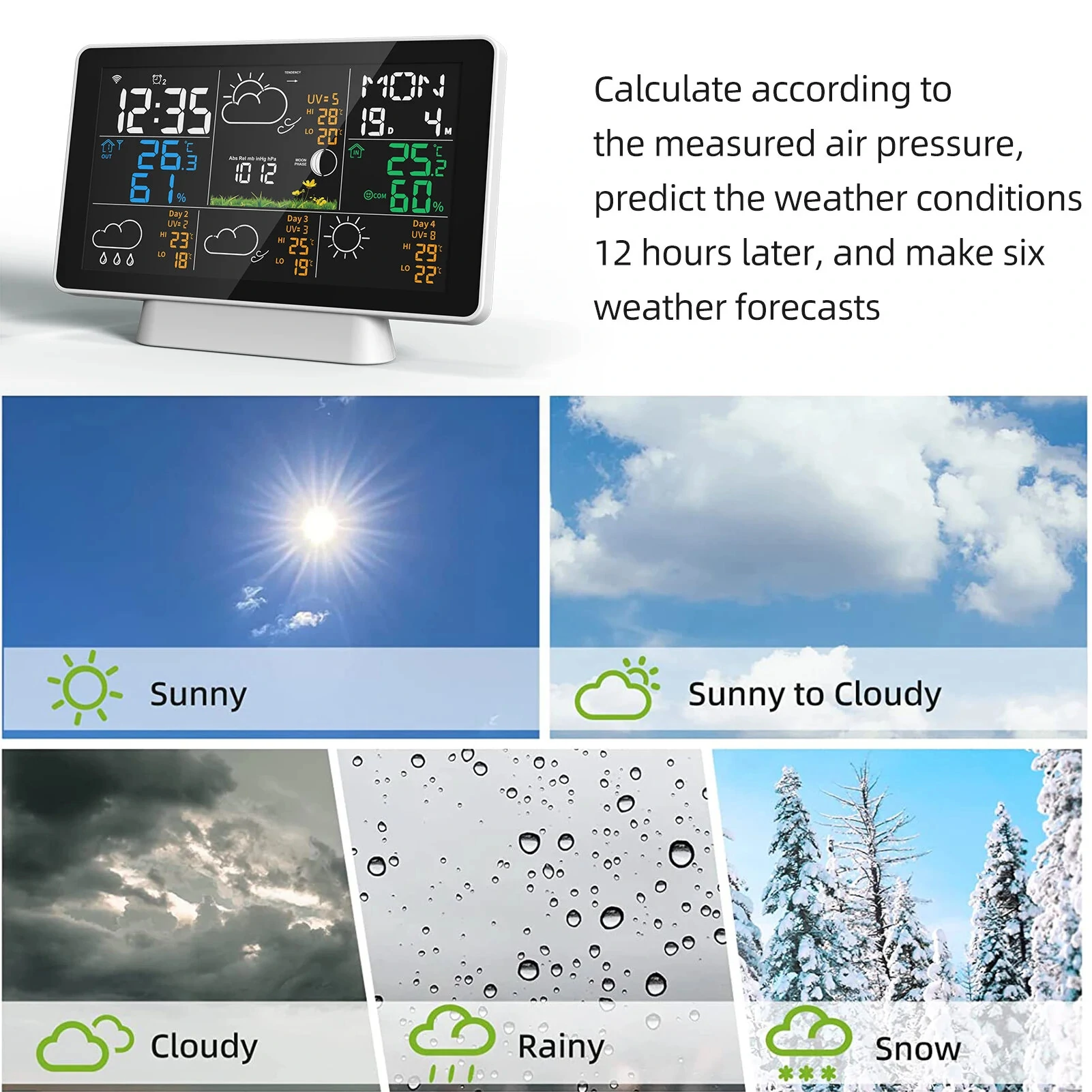 Tuya Wifi Wireless Weather Station Alarm Clock With 7.5 Inch Display / Atomic Clock / Weather Forecast / Outdoor Thermometer / Air Pressure / Moon Phase — view 8