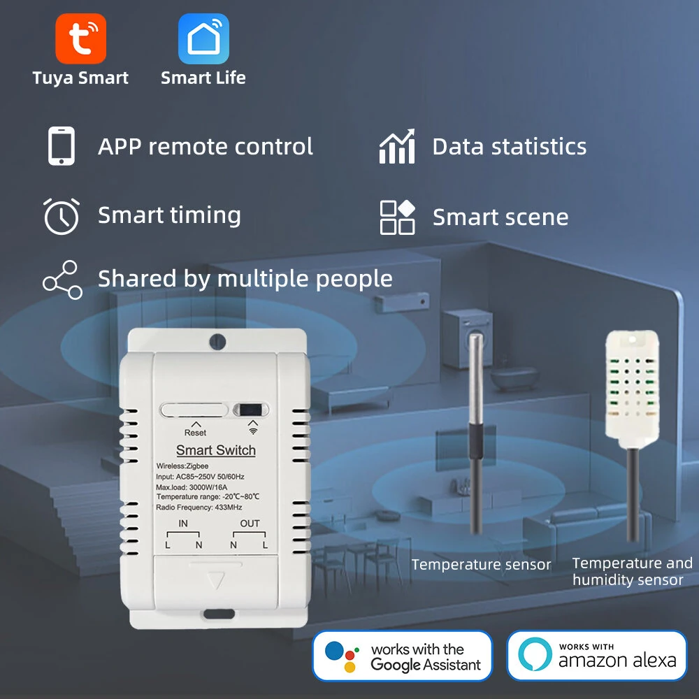 Tuya Zigbe Temperature Humidity Smart Switch 16A 3000W APP Remote Control Voice Control Timer & Schedule for Smart Life & Tuya Smart APP — view 7