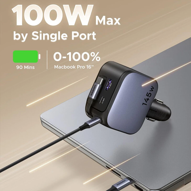Ugreen 145W 4-Port USB PD Car Charger Adapter with Integrated USB-C Cable 2USB-C+USB-A QC3.0 PD 3.0 QC 3.0 PPS SCP  Fast Charging for iPhone 16 16 Pro 15 14 13 Pro Max for Huawei Pura 80 Ultra for Samsung Galaxy Z Fold7 for XIAOMI — view 3