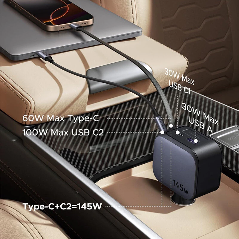 Ugreen 145W 4-Port USB PD Car Charger Adapter with Integrated USB-C Cable 2USB-C+USB-A QC3.0 PD 3.0 QC 3.0 PPS SCP  Fast Charging for iPhone 16 16 Pro 15 14 13 Pro Max for Huawei Pura 80 Ultra for Samsung Galaxy Z Fold7 for XIAOMI — view 4