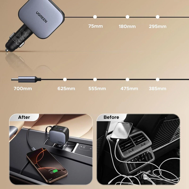 Ugreen 145W 4-Port USB PD Car Charger Adapter with Integrated USB-C Cable 2USB-C+USB-A QC3.0 PD 3.0 QC 3.0 PPS SCP  Fast Charging for iPhone 16 16 Pro 15 14 13 Pro Max for Huawei Pura 80 Ultra for Samsung Galaxy Z Fold7 for XIAOMI — view 5
