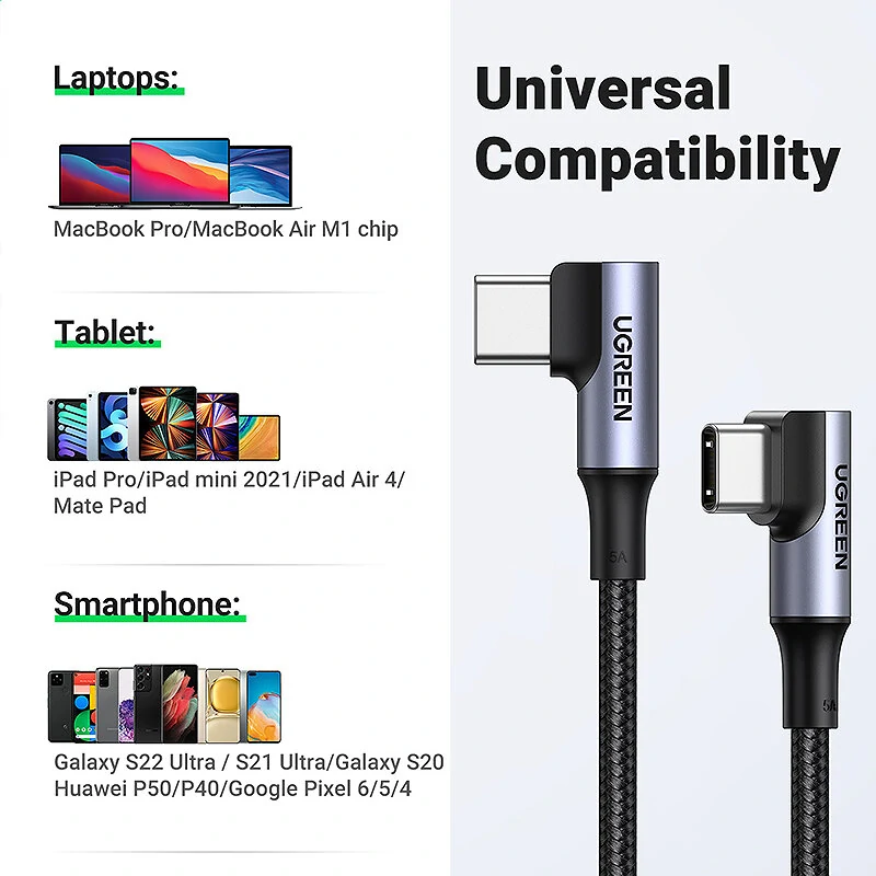 Ugreen US335 5A 100W Type-C to Type-C Cable QC4.0 FCP Fast Charging Data Transmission Tinned Copper Core Line 1M/2M Long for Huawei Mate50 for Samsung Galaxy S23 for Redmi K60 for Oppo Reno9 — view 6
