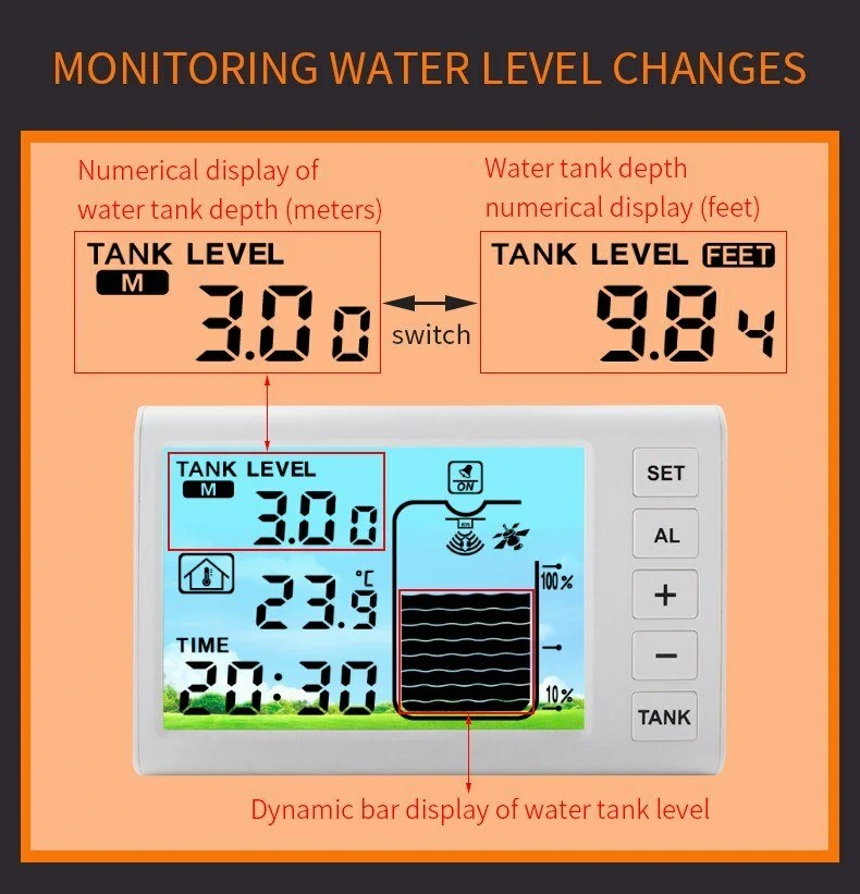 Ultrasonic Level Sensor Ultrasonic Water Tank Liquid Depth Level Meter Sensor Liquid Level Sensor with Temperature Display Water Level Gauge Automatic Water Addition — view 8
