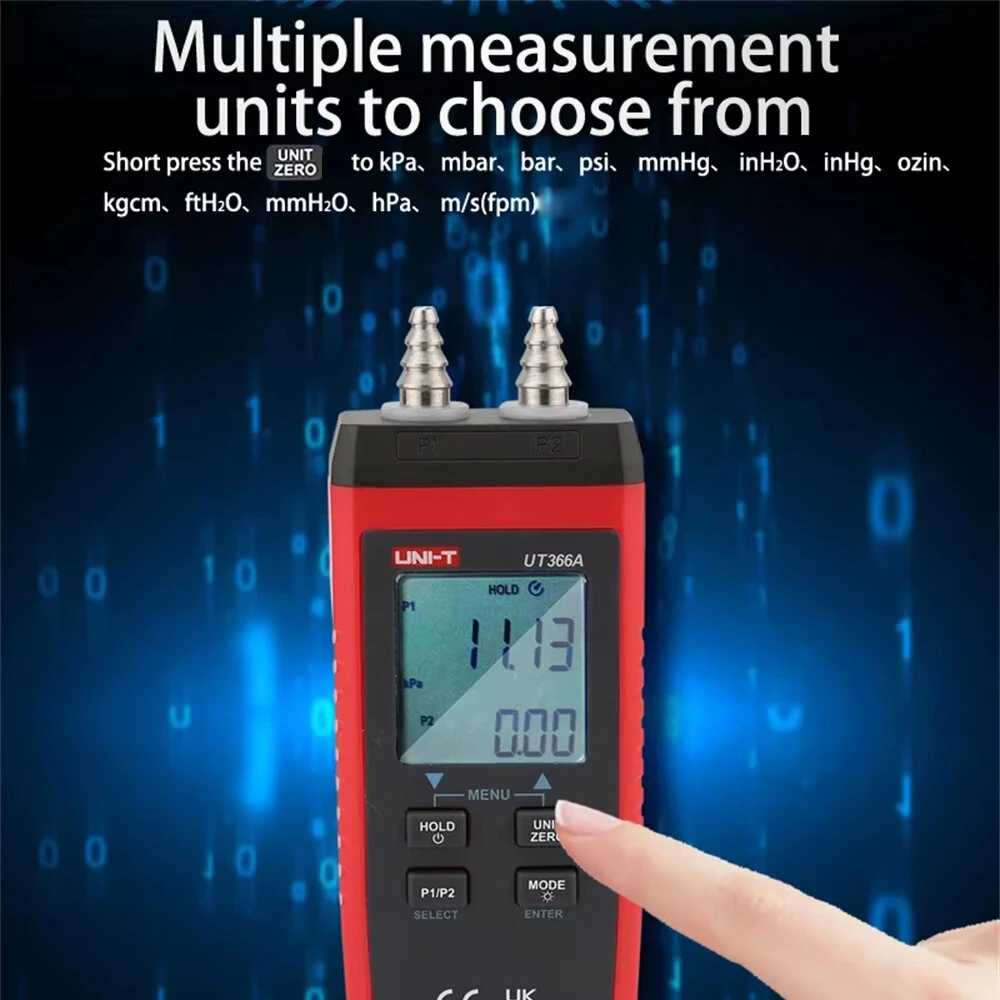 UNI-T UT366A Digital Manometer Pressure Gauge Wind Speed Air Pressure Difference Measurement Compact Energy Saving Multi Unit Display Automatic Shutdown — view 4