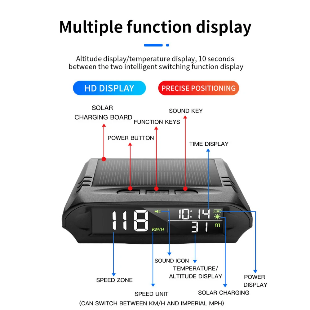 Universal Solar Power Digital GPS Car Speedometer Wireless HUD Display Mph KM/H Speedometer Time Speed Alarm Temperature Altitude — view 5