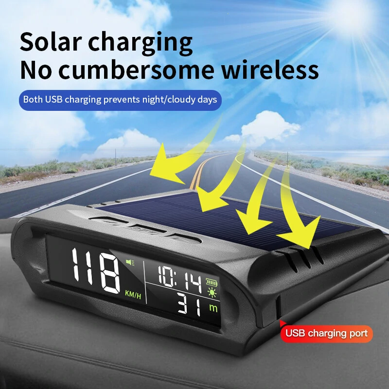 Universal Solar Power Digital GPS Car Speedometer Wireless HUD Display Mph KM/H Speedometer Time Speed Alarm Temperature Altitude — view 6
