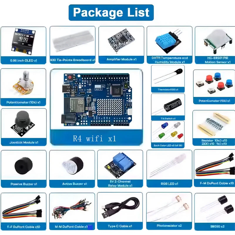 UNOR4 with WiFi Basic Start Motherboard Kit Entry Level Development Board 830 Breadboard LED Potentiometers OLED Display SR-501 — view 4