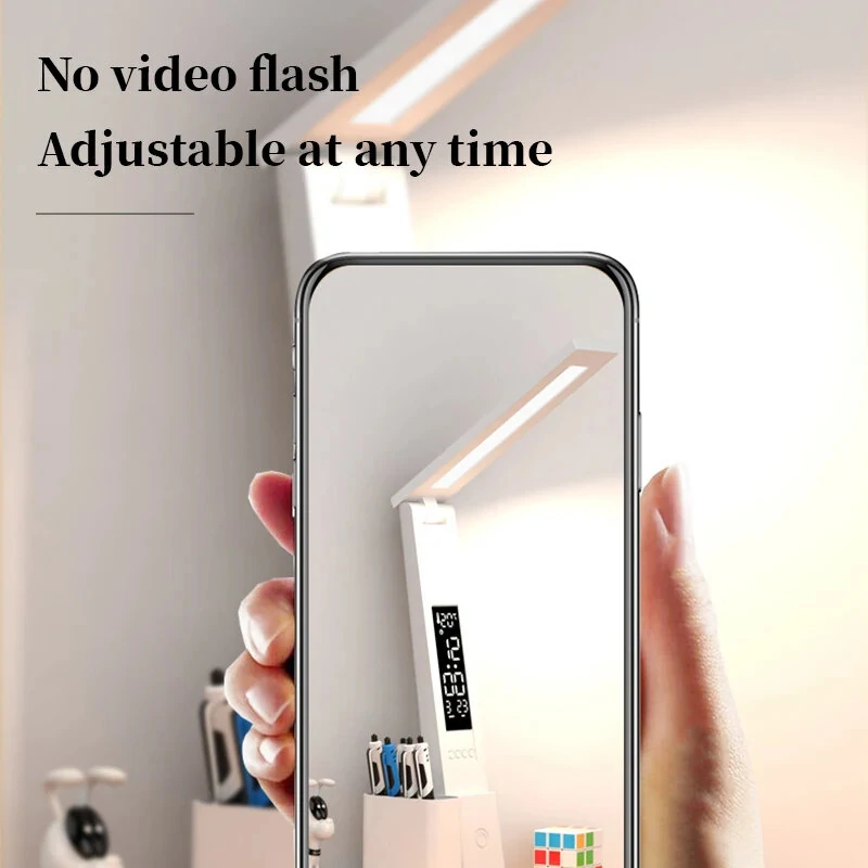 USB LED Desk Lamp Dimmable Touch Control with Calendar Temperature Clock Night Light Foldable Table Lamp for Study Reading Lamp — view 3