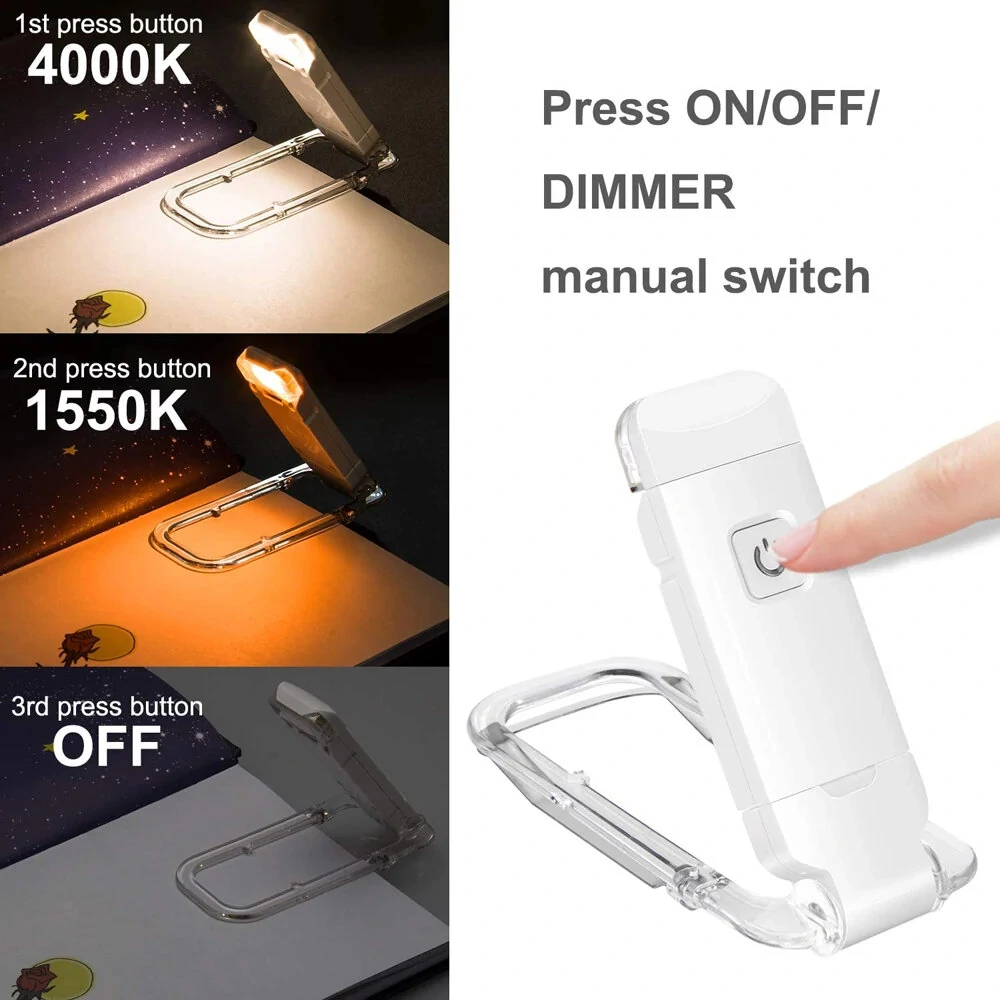 USB Rechargeable Book Reading Light Brightness Adjustable LED Clip on Book Light Eye Care Book Lamp for Kids Read Light — view 4