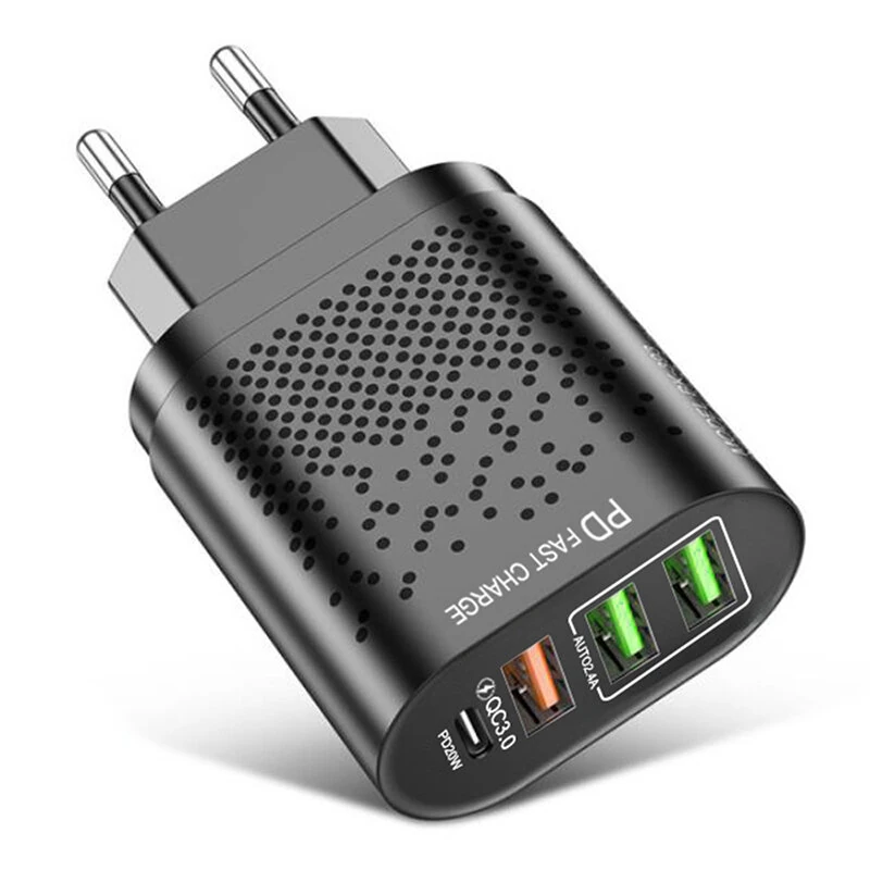 USLION 375-PD PD20W 4-Port USB PD Charger 3USB-A+USB-C PD QC3.0 Support AFC FCP Fast Charging Wall Charger Adapter EU Plug for iPhone 15 14 13 Pro for Samsung Galaxy Z Flip 6 for Honor Magic V3 for Huawei Nova Flip — USLION