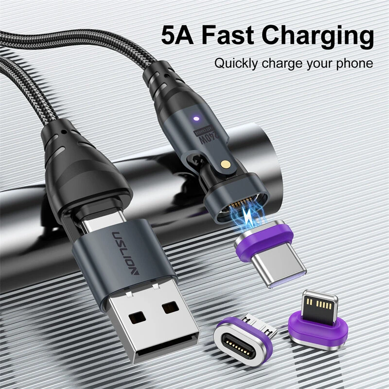 USLION US0204 5A 240W USB/Type-C to iP/Micro/Type-C Magnetic Data Cable PD3.1/3.0/2.0 Fast Charging Data Transmission Copper Core Line 1M/1.8M Long for iPhone 15 14 13 Pro for Samsung Galaxy Z Flip6 for Huawei Nova Pro for Macbook Pro — view 4