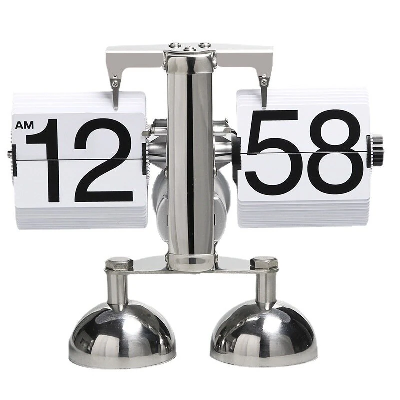 Vintage European Style Mechanical Flip Clock with Dual Feet Page Turning Clock Stainless Steel Double Foot Small Scales Flip Desk Clock Vintage Living Room Home Decoration — Vintage