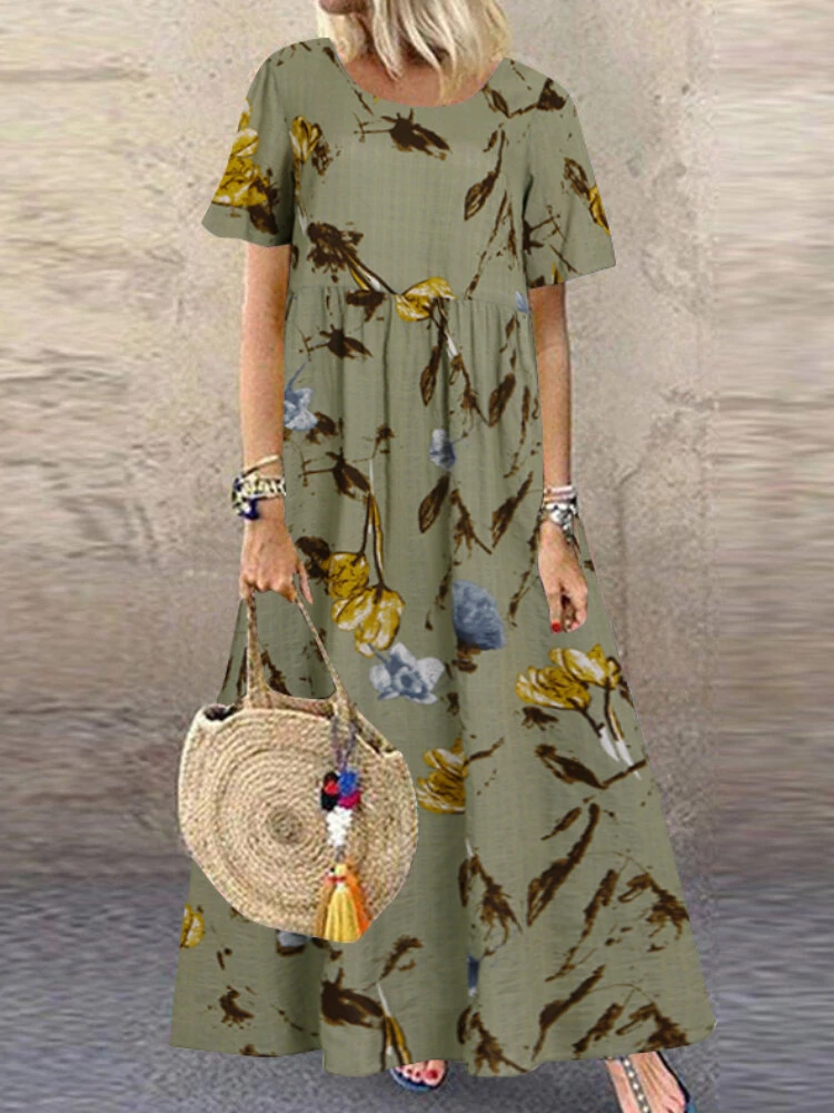 Vintage Floral Print Short Sleeve Loose Casual Maxi Dress — ZANZEA