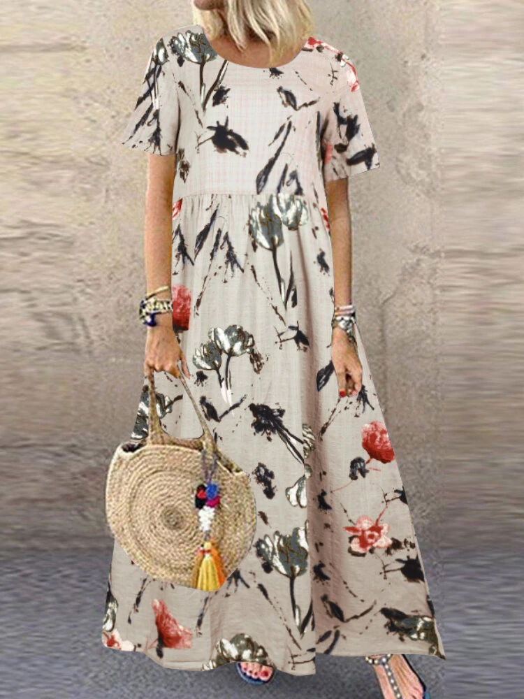 Vintage Floral Print Short Sleeve Loose Casual Maxi Dress — view 2