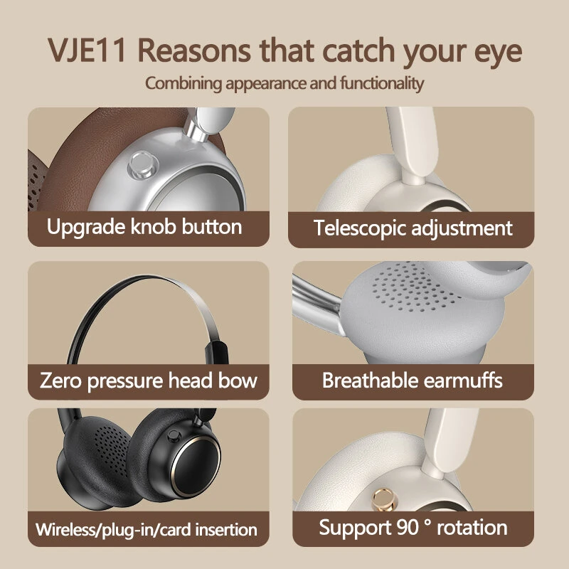 VJE11 Wireless Headset Portable bluetooth Headphone 40mm Dynamic Coil Unit Three-mode Breathable Earmuffs On-Ear Headphones — view 9