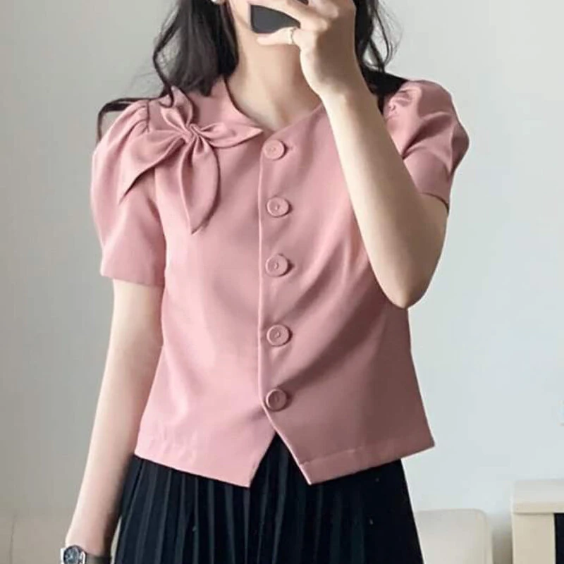 VONDA Womens Elegant Bowknot Decorate Puff Sleeve Blouses Temperament Button Shirts — VONDA