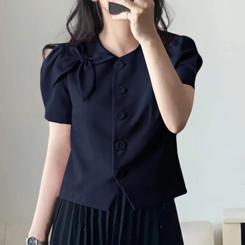 VONDA Womens Elegant Bowknot Decorate Puff Sleeve Blouses Temperament Button Shirts — view 2