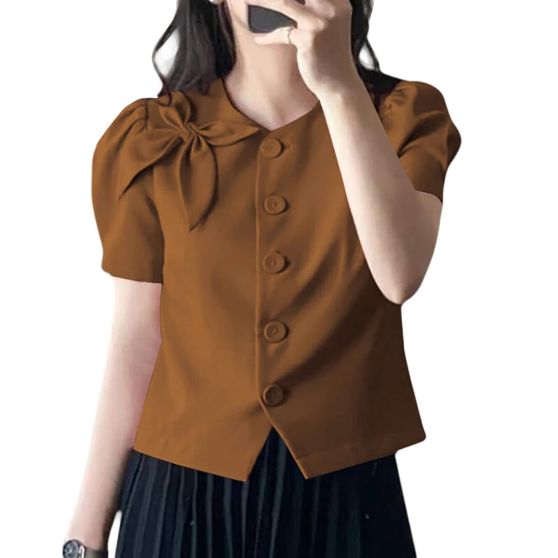 VONDA Womens Elegant Bowknot Decorate Puff Sleeve Blouses Temperament Button Shirts — view 3