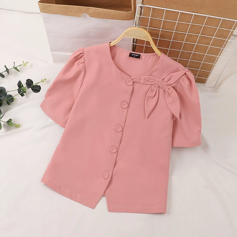 VONDA Womens Elegant Bowknot Decorate Puff Sleeve Blouses Temperament Button Shirts — view 4