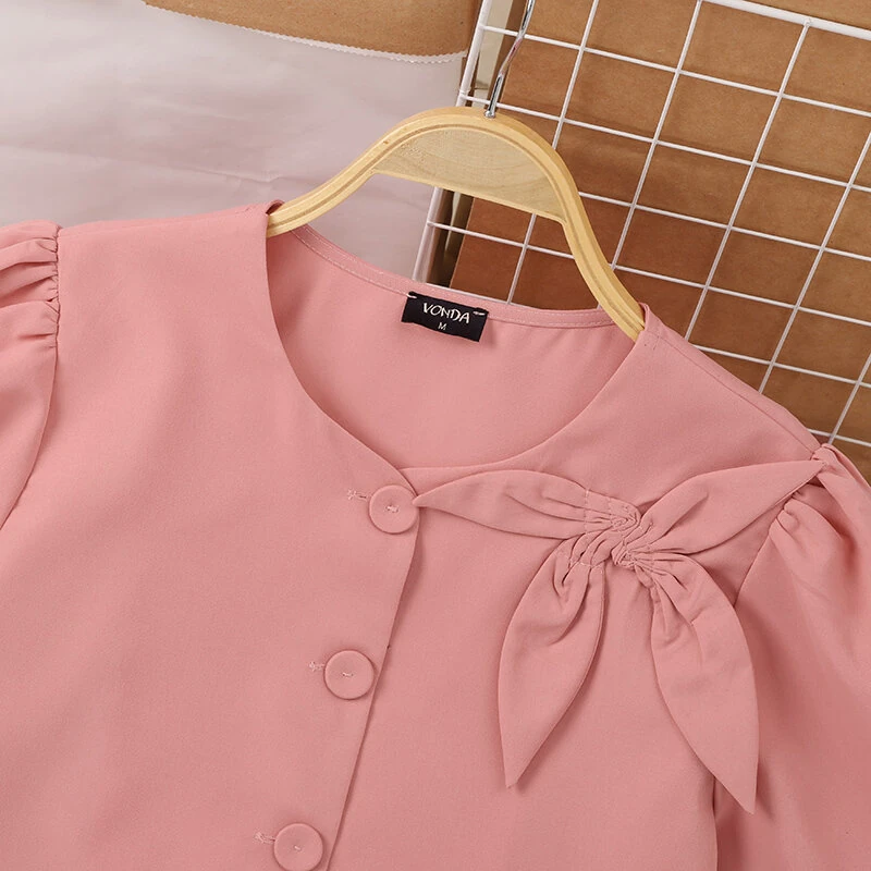VONDA Womens Elegant Bowknot Decorate Puff Sleeve Blouses Temperament Button Shirts — view 5