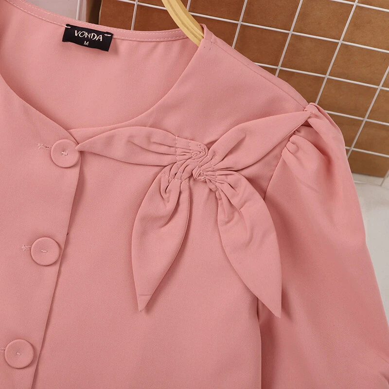 VONDA Womens Elegant Bowknot Decorate Puff Sleeve Blouses Temperament Button Shirts — view 7