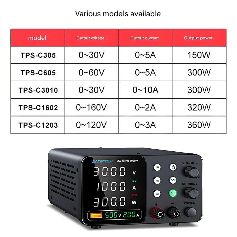 WANPTEK DC Power Supply TPS-C1203 TPS-C305 C605 C3010 0-160V 0-10A 360W 300W 150W Adjustable Regulated Power Supply USB Fast Charge Overcurrent Protection Digital Display — view 2