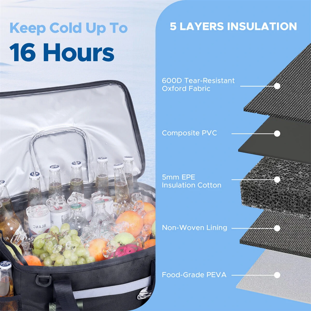 WARMOUNTS Backpack Cooler Insulated 75 Cans w/ Insulating Cover, Upgraded Leakproof Soft Cooler Backpack 2 Compartment for Camping Hiking Picnic Beach — view 4