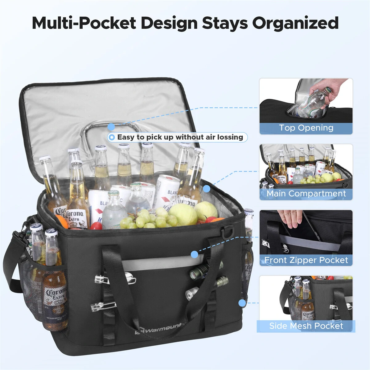 WARMOUNTS Backpack Cooler Insulated 75 Cans w/ Insulating Cover, Upgraded Leakproof Soft Cooler Backpack 2 Compartment for Camping Hiking Picnic Beach — view 8