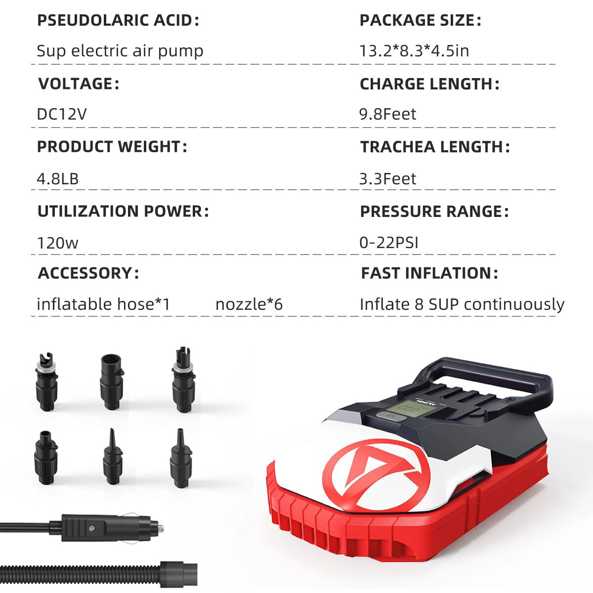 WaveRite 20PSI SUPAir Pump for Paddle Board, High Pressure Electric Air Pump for Paddle Board Inflator and Deflator with 12 V DC Car Connector — view 7