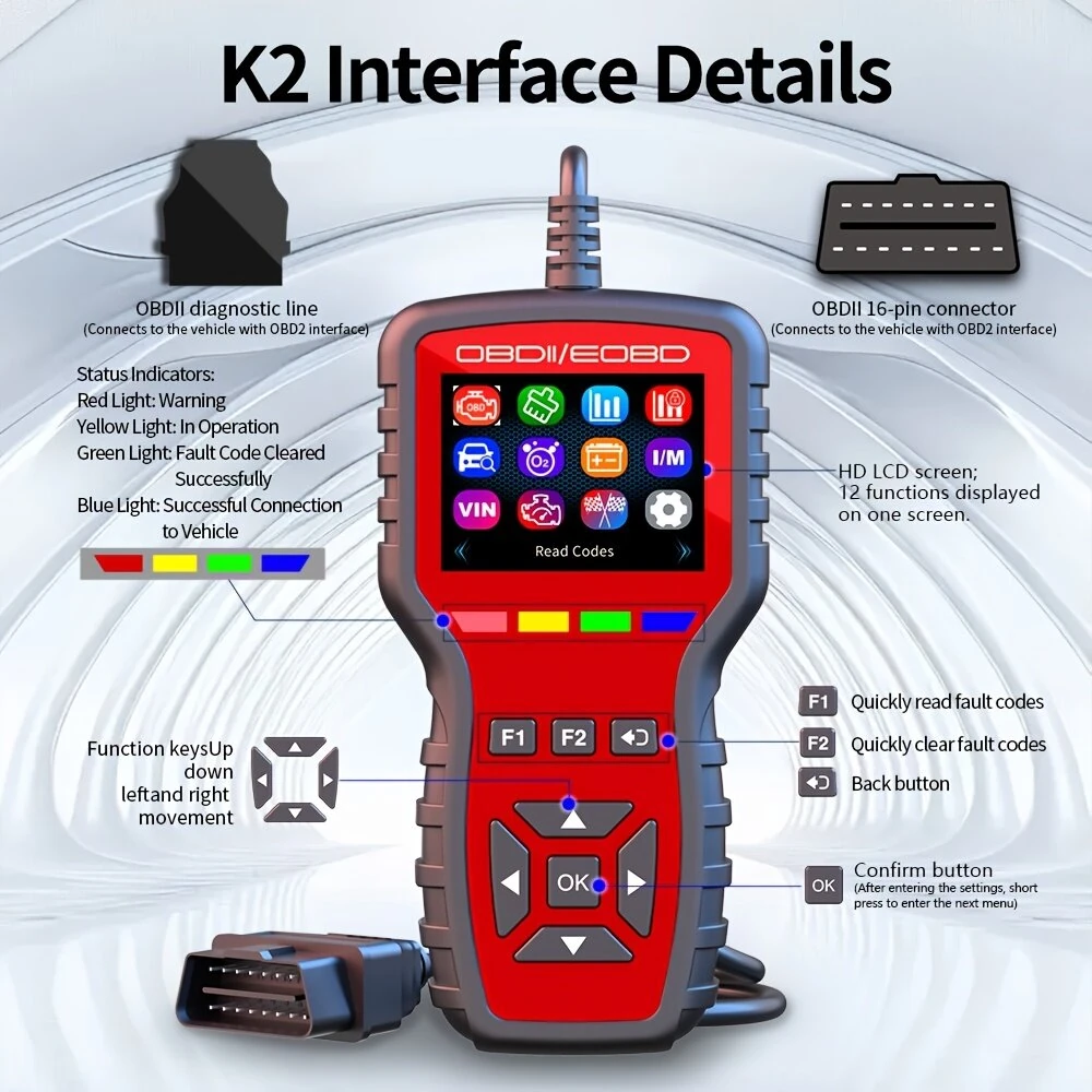 Weiying K2 OBD2 Scanner Engine Code Reader OBDII EOBD Color LCD 12 Languages Battery Voltage Test Car Diagnostic Tool — view 3