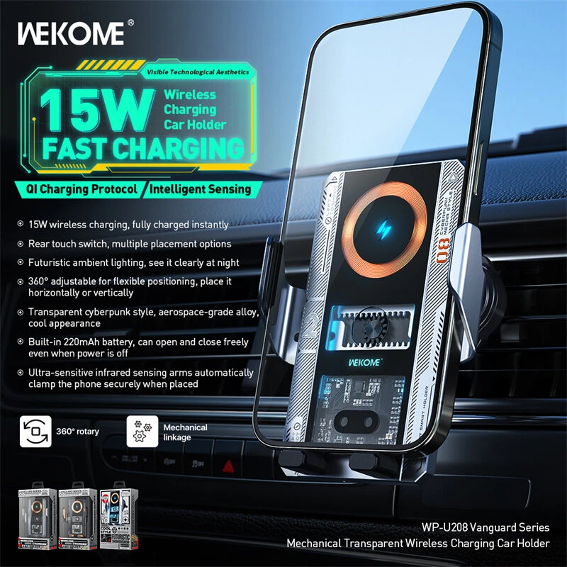 WEKOME WP-U208 15W Car Transparent Magnetic Wireless Charging Stand 360° Adjustable Automatic Opening and Closing Induction Magnetic Car Air Vent Phone Stand for Smart Phone for iPhone 16 Pro Max 15 14 13 for Xiaomi 15pro for Huawei Mate XT — view 3