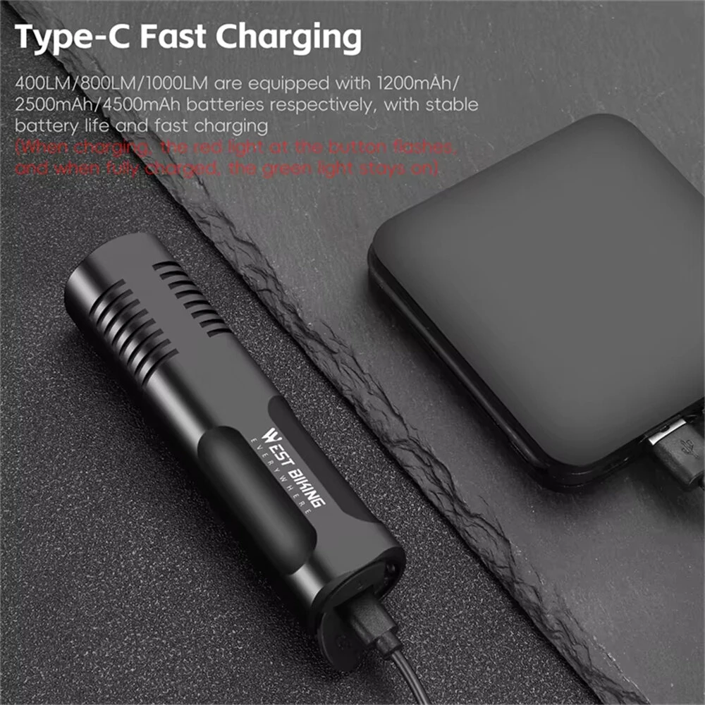 WEST BIKING 1000LM Bicycle Headlight 8 Lighting Modes Aluminium 4500mAh Power Bank Type-C Rechargeable Waterproof Flashlight for MTB Road Cycling — view 6