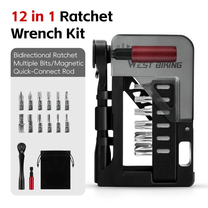 WEST BIKING 12-In-1 Bicycle Repair Tools Kit Portable Multitool Bike Two-Way Ratchet Wrench Magnetic Allen Key Quick Release Set — view 9