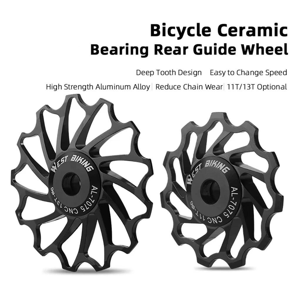 WEST BIKING 3/5 CM Mountain Bicycle Ceramic Rear Dial Guide Wheel 11T 13T Tooth Derailleur Aluminum Alloy Perrin Bearing Tension Wheel — view 7