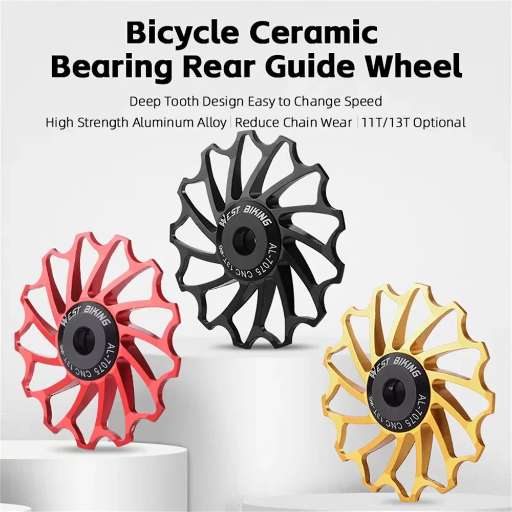 WEST BIKING 3/5 CM Mountain Bicycle Ceramic Rear Dial Guide Wheel 11T 13T Tooth Derailleur Aluminum Alloy Perrin Bearing Tension Wheel — view 8