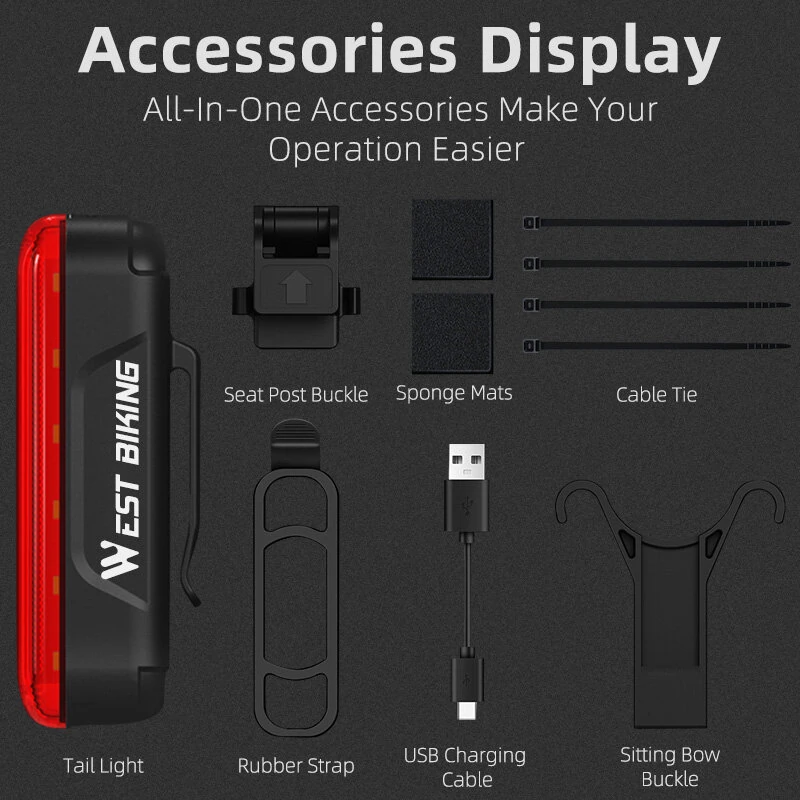 WEST BIKING Bicycle Laser Brake Sensing Taillight IPX5 Waterproof 450mAH USB Charging Bike Rear Light for Night Riding Safety — view 8