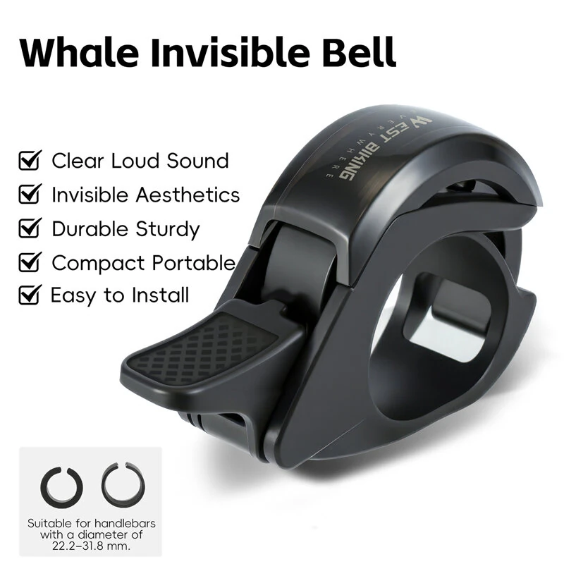 WEST BIKING Mini Invisible Bike Bell Aluminum Alloy Whale Shape Bicycle Thumb Bell MTB Road Bike Handlebar Bell for 22.2-31.8mm Handlebar Diameter — view 5