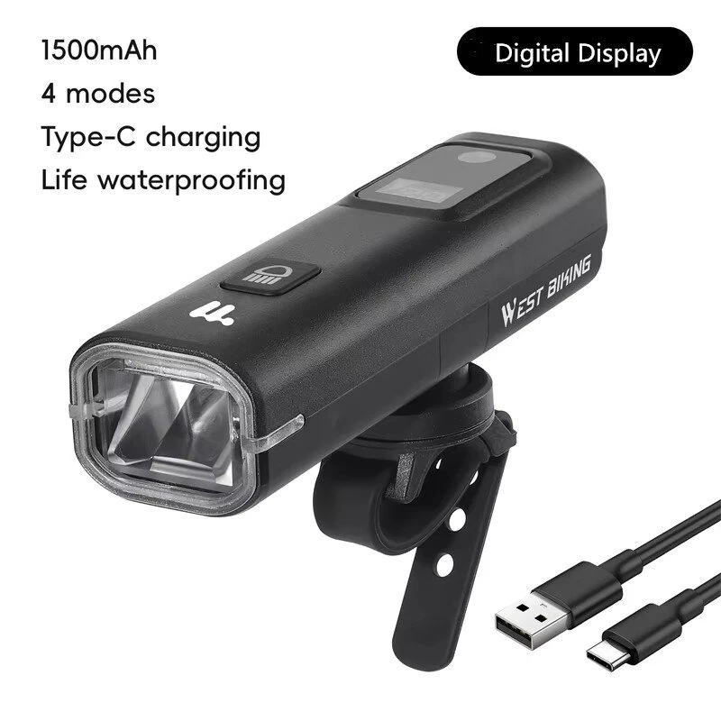 WEST BIKING Smart LED Digital Display Bike Headlight 1500mAh Battery Type-C Charging Waterproof Mini Portable Bicycle Front Light for MTB Bike Road Bike Flashlight — view 11