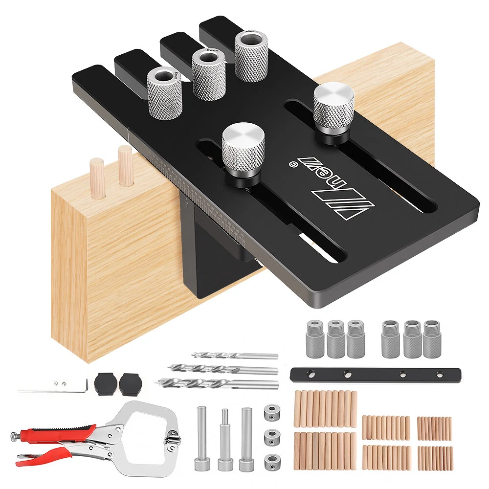 Wnew Doweling Jig Kits Aluminum Alloy Hole Drill Guide Punch Locator Dowel Cabinet Hardware Jig for DIY Woodworking Projects 0.25mm Precision Tenon Connection Includes Drill Bits — W new