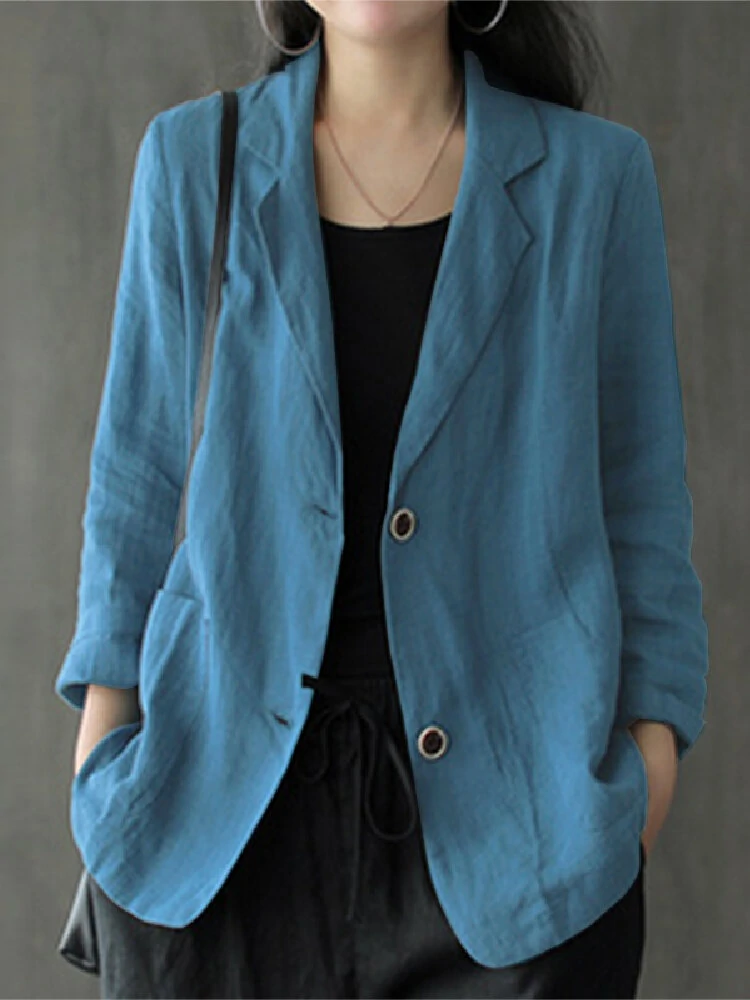 Women 100% Cotton Solid Color Button Front Business Thin All-Match Blazer With Pocket — ZANZEA