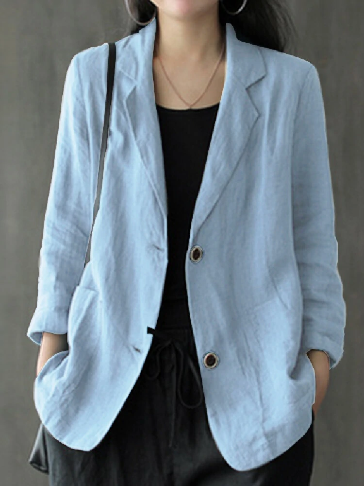 Women 100% Cotton Solid Color Button Front Business Thin All-Match Blazer With Pocket — view 3