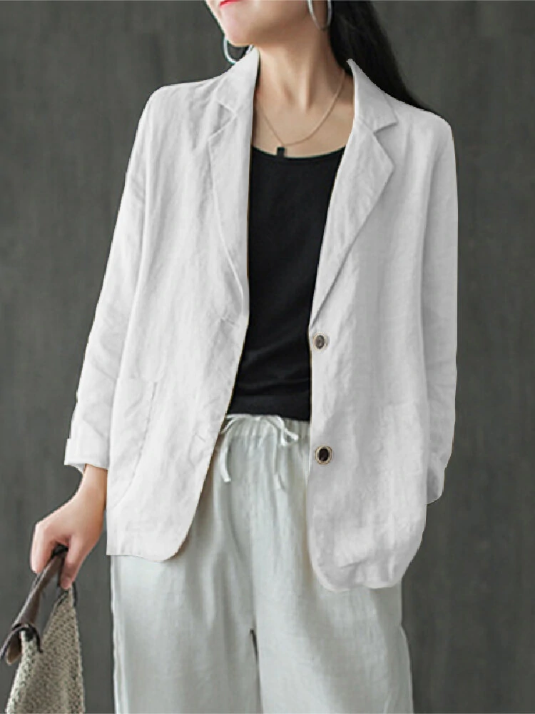 Women 100% Cotton Solid Color Button Front Business Thin All-Match Blazer With Pocket — view 4