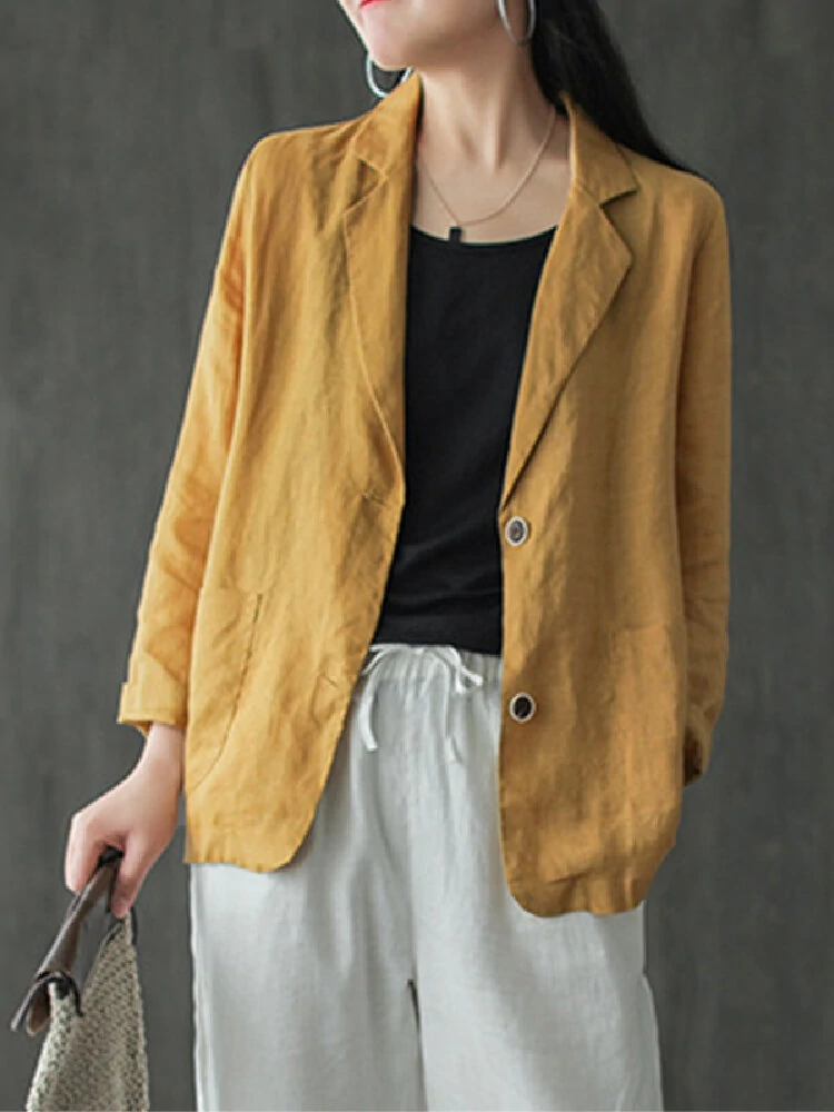 Women 100% Cotton Solid Color Button Front Business Thin All-Match Blazer With Pocket — view 5